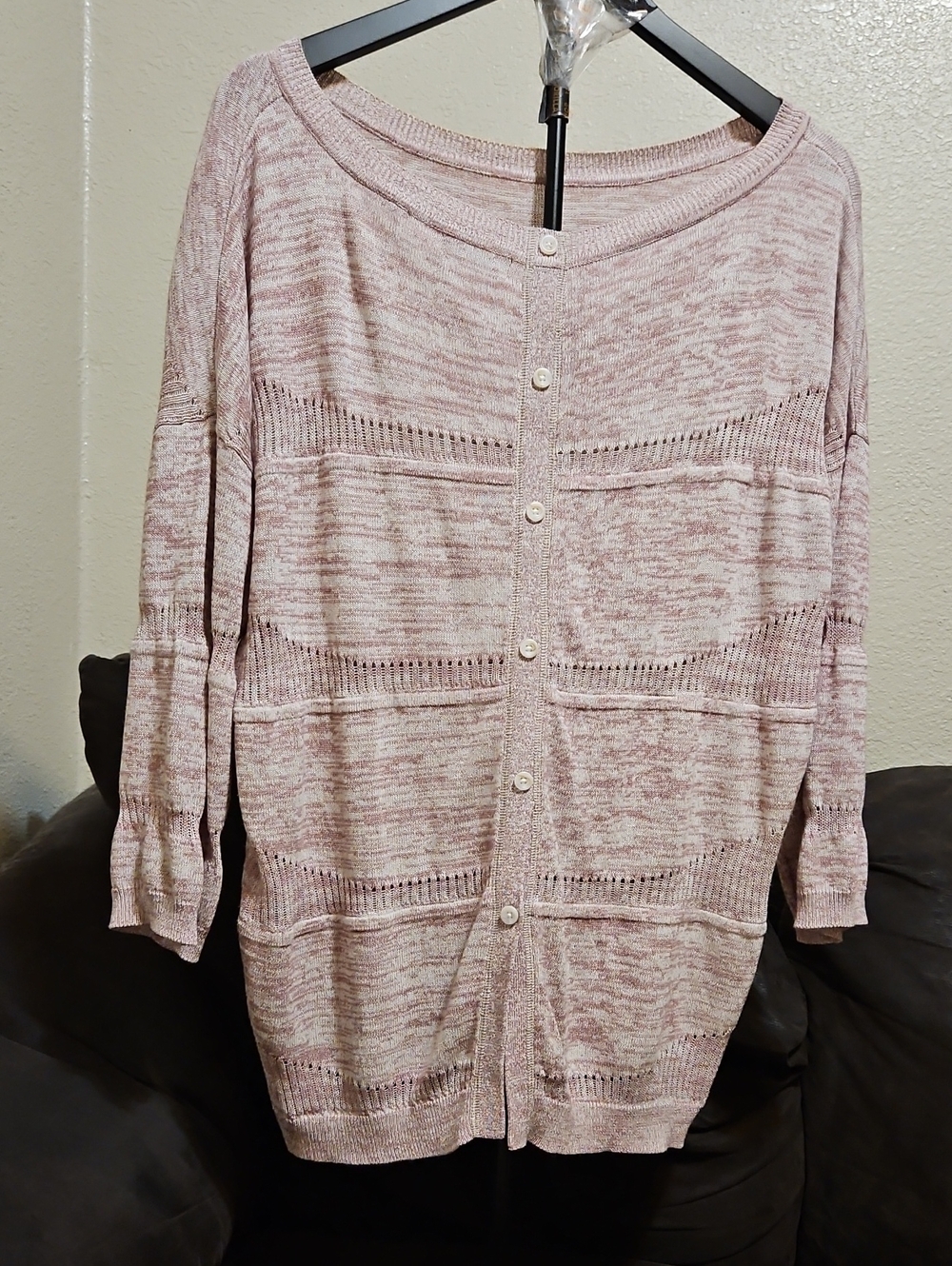 Lightweight Openwork Button-Front Cardigan - Dusty Rose